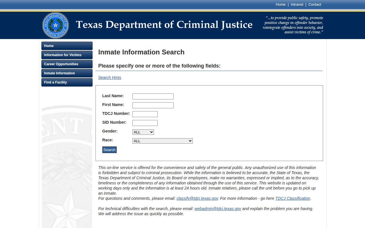 TDCJ offender search fields for state-prison records